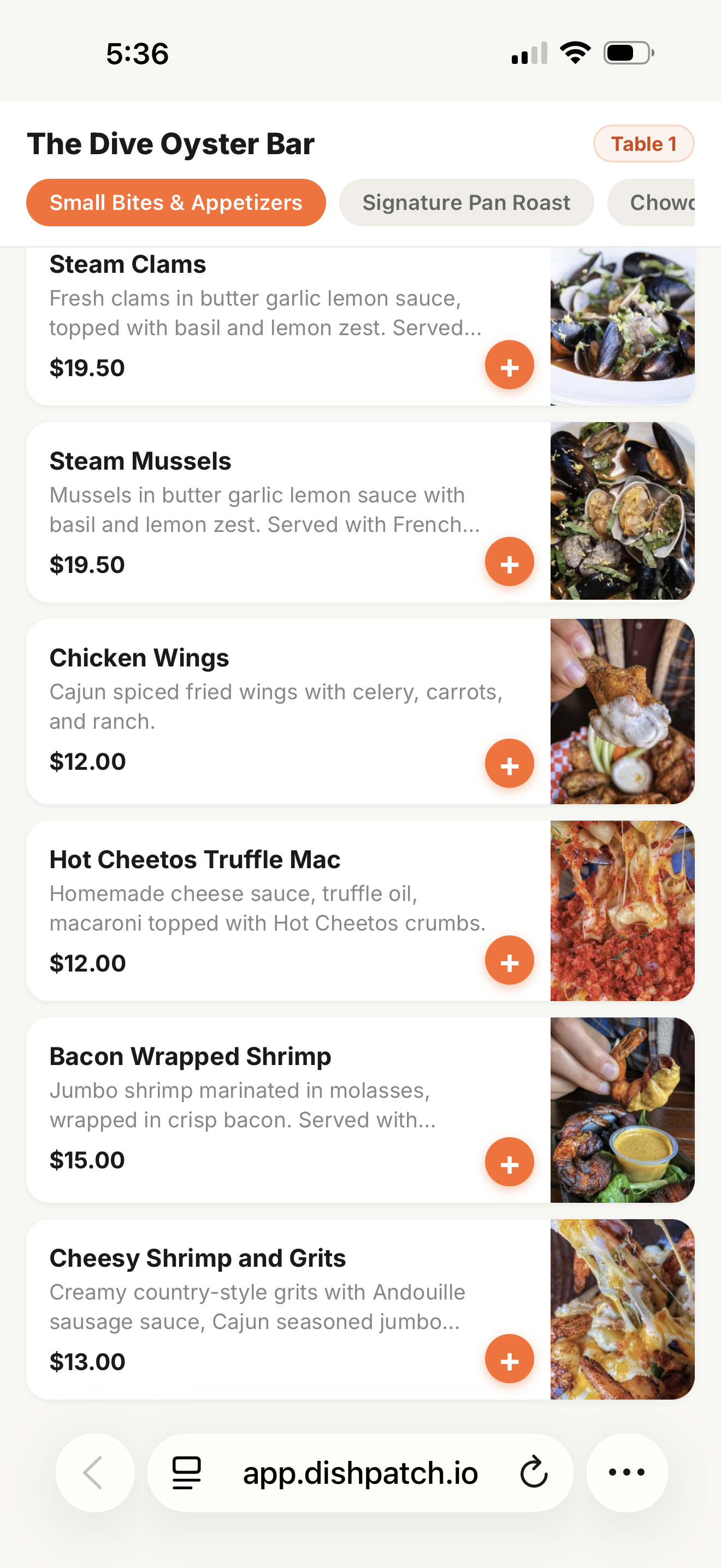 Dive Bar QR menu on iPhone